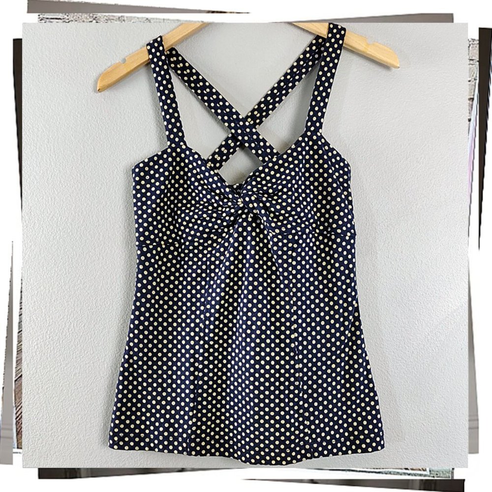 NWOT: Retro Blue & Creamy White Polka Dot Top w/ Fabric Knot at Front (S) - Picture 6 of 9